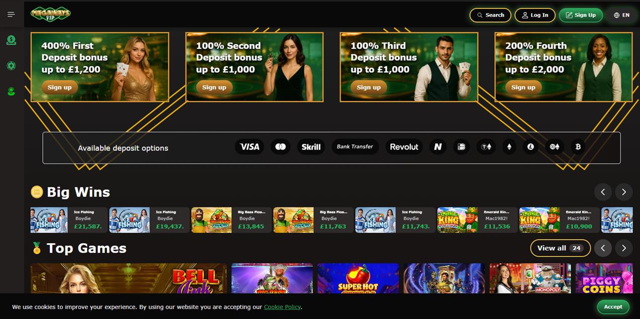 Megaways casino homepage and deposit options