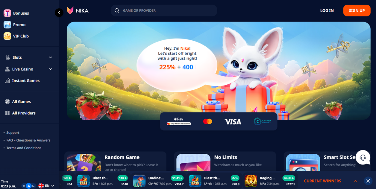 Nika Casino homepage and welcome promotion