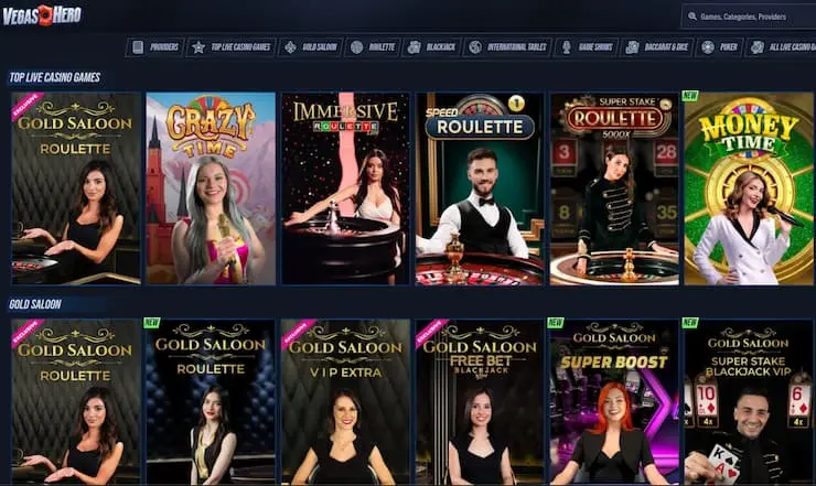 Vegas Hero live casino game selection